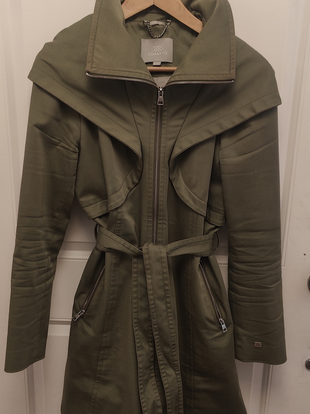 Soia & Kyo Olive Green Hooded Trench Coat with Belt